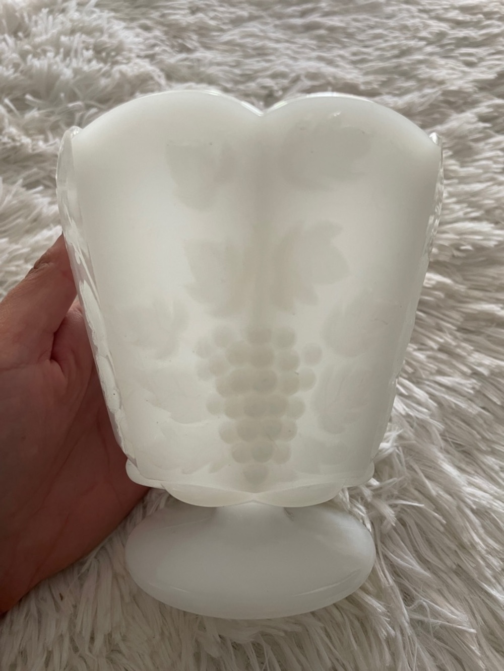 Vintage E.O. Brody Co. Milk Glass Grape Pattern Pedestal Vase White Home Accent